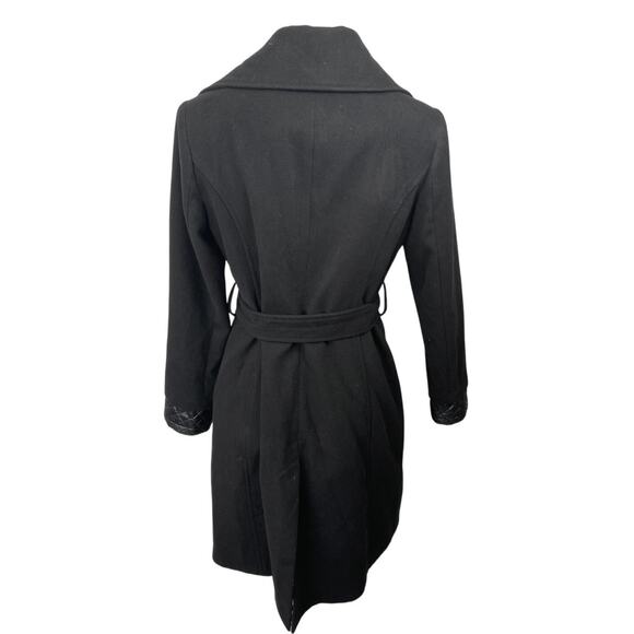 ASM Asmanto Black Zip Up Long Sleeve Wide Collar Belted Trench Coat Jacket Sz 8 - Picture 2 of 6